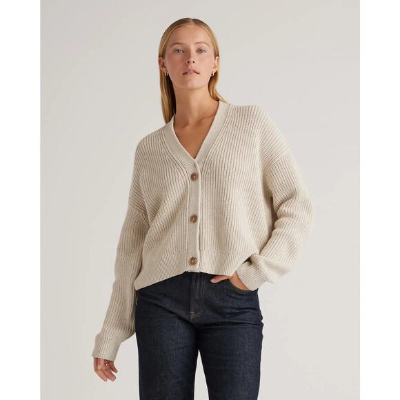 Quince Sweaters - Quince XS 100% Organic Cotton Fisherman Boxy Cropped Cardigan Speckled Beige